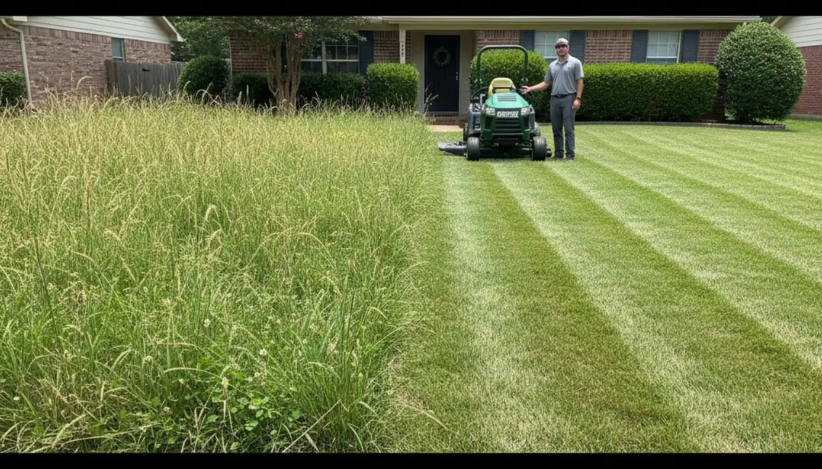 Before and after lawn mowing showing yard transformation by Chop Chop Landscaping in Arlington, TX