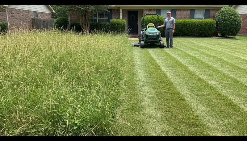 Before and after lawn mowing showing yard transformation by Chop Chop Landscaping in Arlington, TX