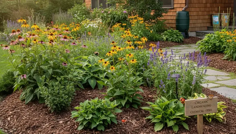 Organic landscape beds with native plants and mulch by Chop Chop Landscaping in Arlington, TX