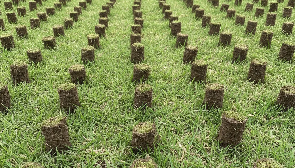Close-up of lawn aeration soil cores on Arlington TX turf by professional landscaping service