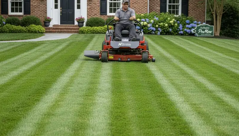 Commercial mower creating clean striped lawn patterns in Arlington, TX by Chop Chop Landscaping