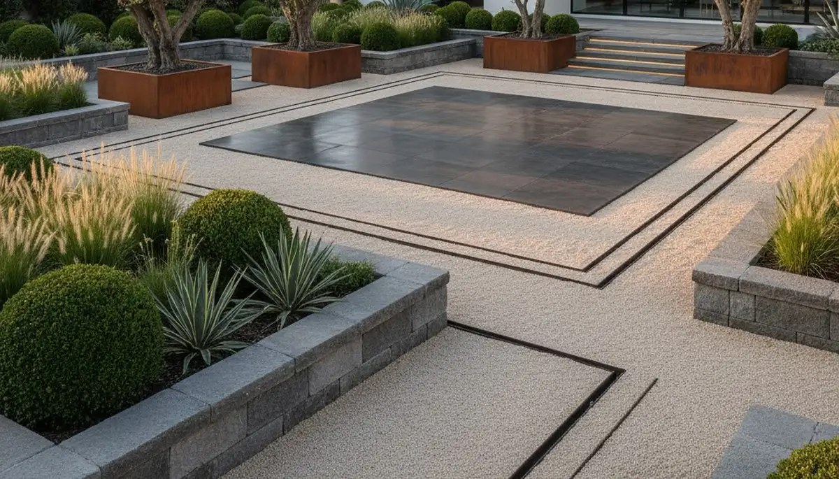 Modern pea gravel landscape with geometric lines and minimalist plants in Arlington, TX yard