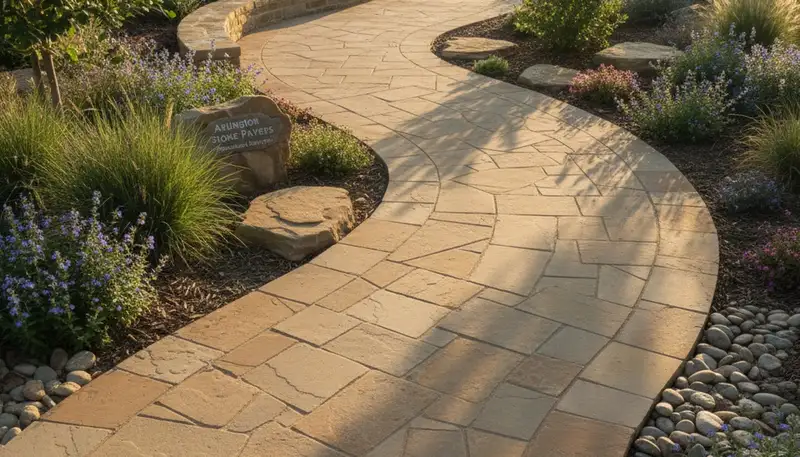 Curved stone paver pathway with expert landscaping installation in Arlington, TX by Chop Chop Landscaping