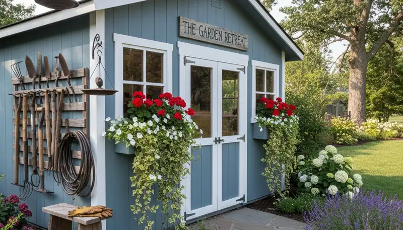 Decorative garden shed with landscape design by Chop Chop Landscaping in Arlington, TX