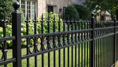 Black ornamental metal fence installation with decorative design by Chop Chop Landscaping in Arlington, TX