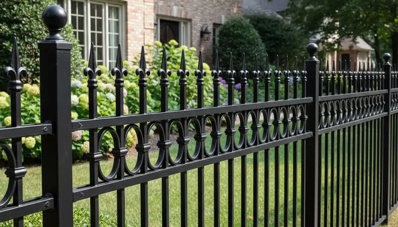 Black ornamental metal fence installation with decorative design by Chop Chop Landscaping in Arlington, TX