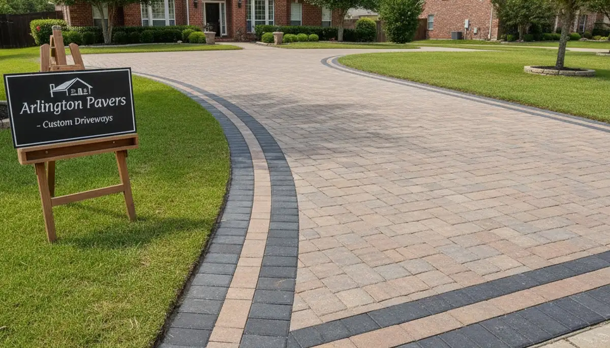 Decorative driveway paver border and edging design by professional landscapers in Arlington, TX