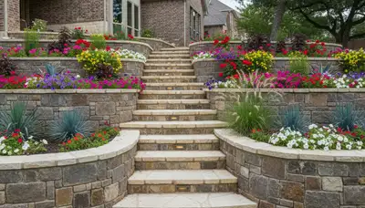Decorative retaining wall with tiered stone design and native plants in Arlington, TX landscaping project