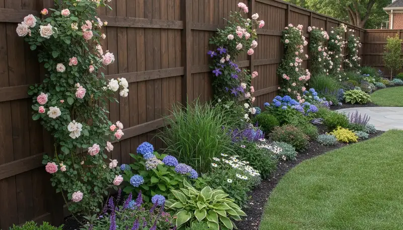 Fence with integrated plantings enhancing backyard landscape design in Arlington, TX