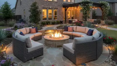 Custom fire pit patio with seating and paver landscaping in Arlington, TX backyard
