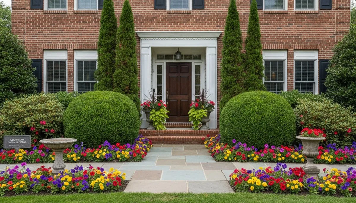 Front yard curb appeal landscape design with flowering plants and shrubs in Arlington, TX