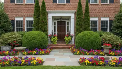 Front yard curb appeal landscape design with flowering plants and shrubs in Arlington, TX