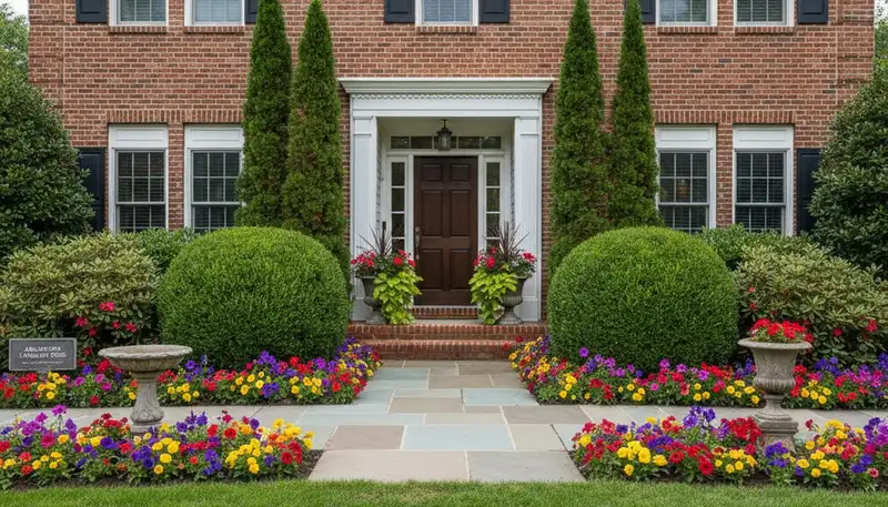 Front yard curb appeal landscape design with flowering plants and shrubs in Arlington, TX