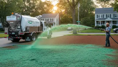 Hydroseeder truck spraying green slurry for lawn installation in Arlington TX by Chop Chop Landscaping