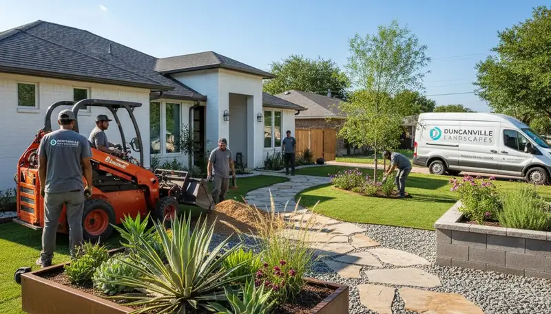 Landscaping crew serving Arlington, TX with professional lawn care and yard maintenance services