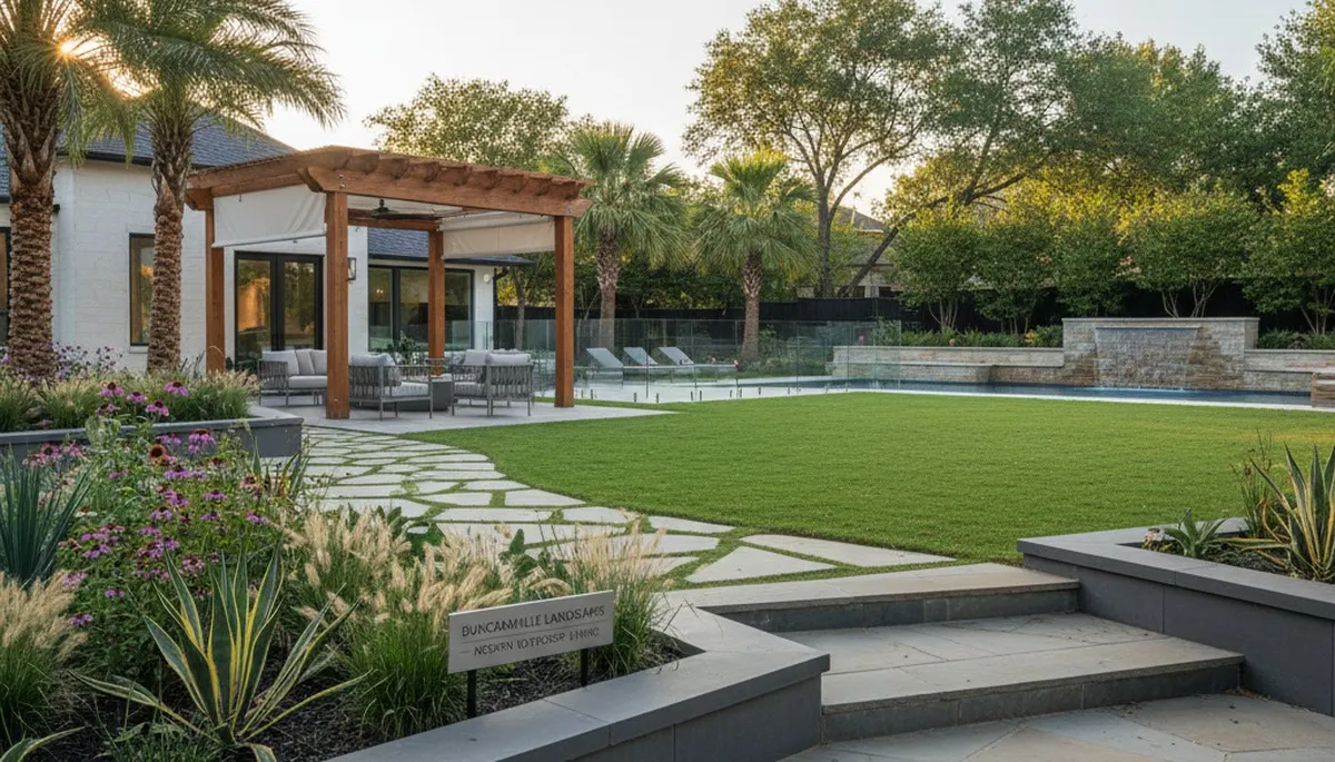 Landscaping crew servicing Arlington, TX residential lawn with professional lawn care equipment