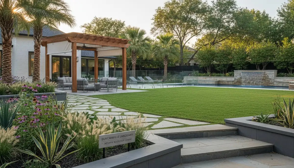 Landscaping crew servicing Arlington, TX residential lawn with professional lawn care equipment