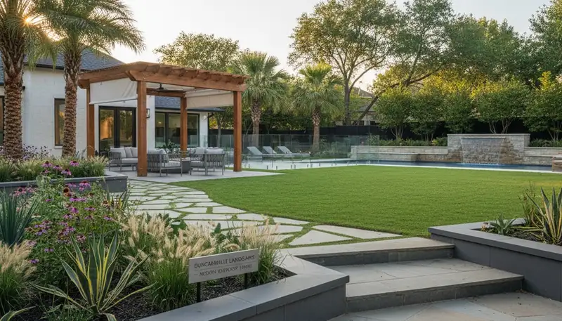 Landscaping crew servicing Arlington, TX residential lawn with professional lawn care equipment