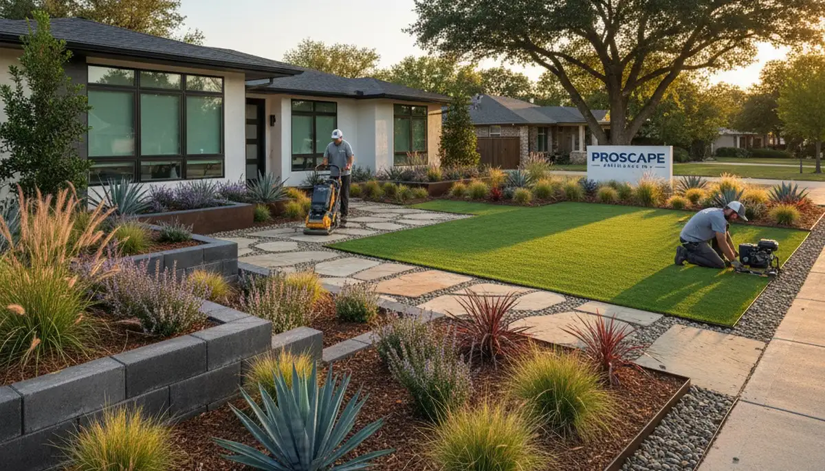 Landscaping crew servicing Arlington, TX lawns with professional lawn maintenance tools