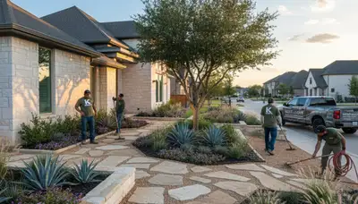 Landscaping team providing lawn service in Arlington, TX for a residential yard