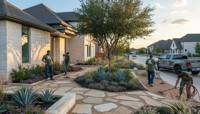 Landscaping team providing lawn service in Arlington, TX for a residential yard