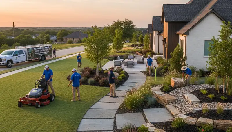 Landscaping service in Arlington, TX improving a residential yard with professional lawn care and maintenance