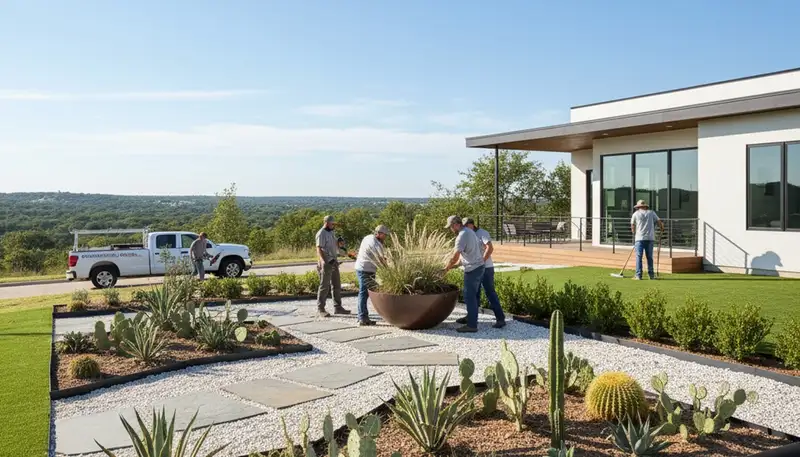Landscaping team providing lawn care services in Arlington, TX for local residential properties