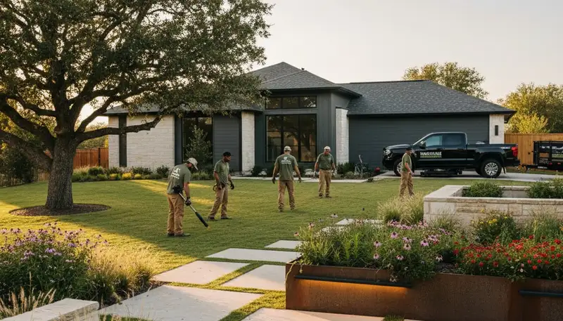 Landscaping crew providing lawn service in Arlington, TX for a neat, healthy yard