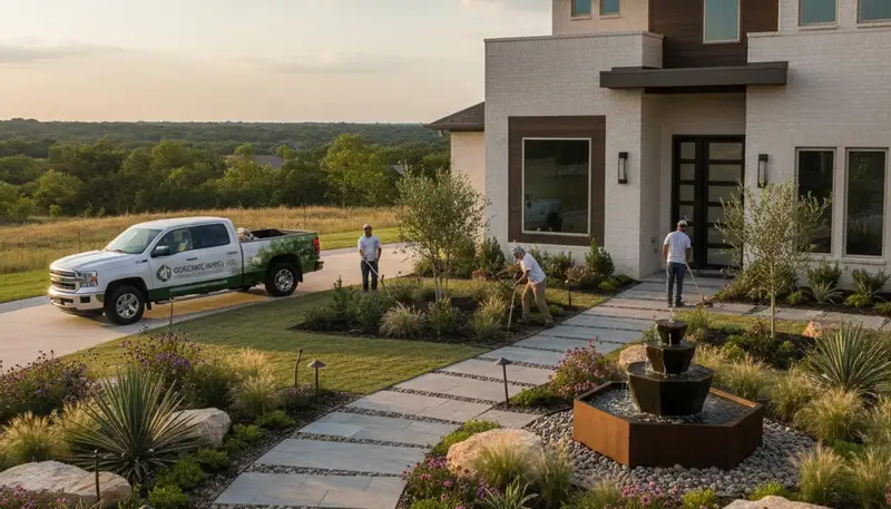 Landscaping crew serving Arlington, TX with professional lawn care and yard maintenance services