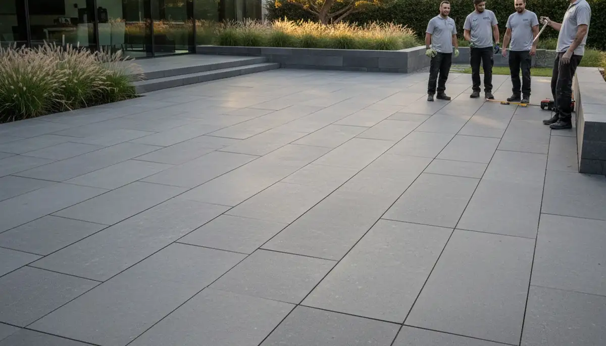 Modern large stone slab paver installation by Chop Chop Landscaping in Arlington, TX