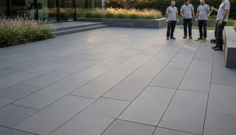 Modern large stone slab paver installation by Chop Chop Landscaping in Arlington, TX
