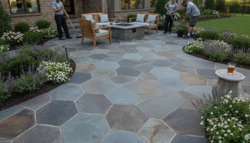 Flagstone patio with natural slate pavers installed by professional landscapers in Arlington, TX