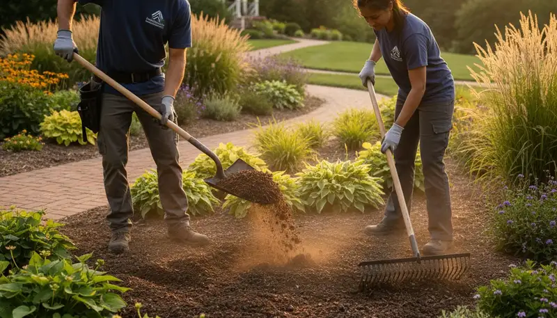 Technicians applying organic soil amendments and compost in Arlington TX sustainable landscaping beds