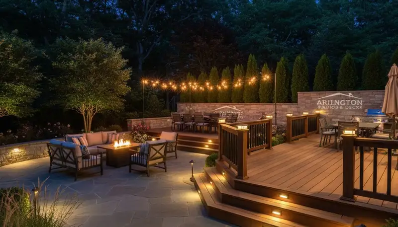 Evening patio lighting design with post and step lights by Chop Chop Landscaping in Arlington, TX