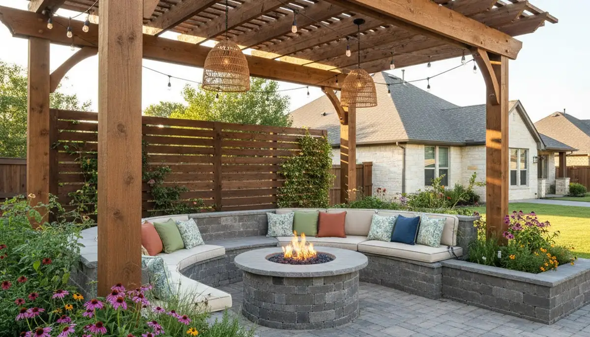 Luxury paver patio with pergola and lighting in Arlington, TX backyard by local landscaping experts
