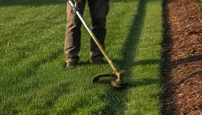 Technician performing precise string trimming along lawn edges in Arlington, TX for professional landscaping