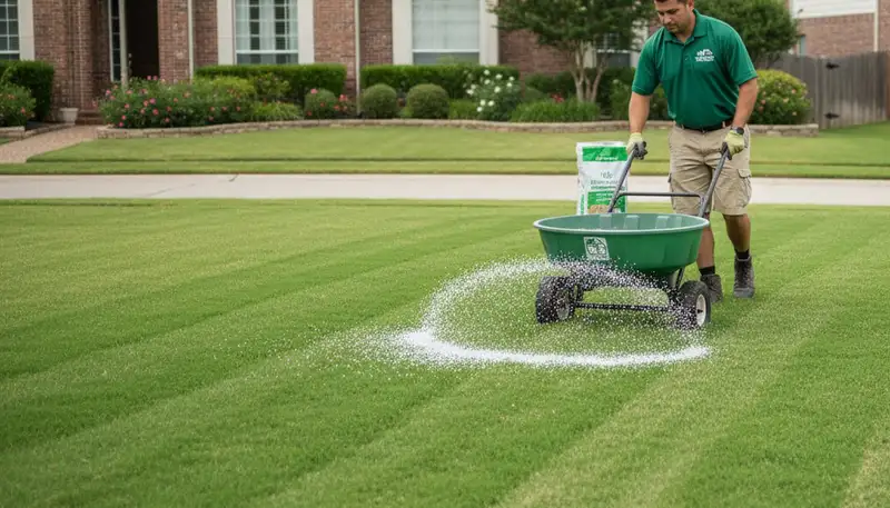 Lawn care technician spreading fertilizer evenly on residential turf in Arlington, TX