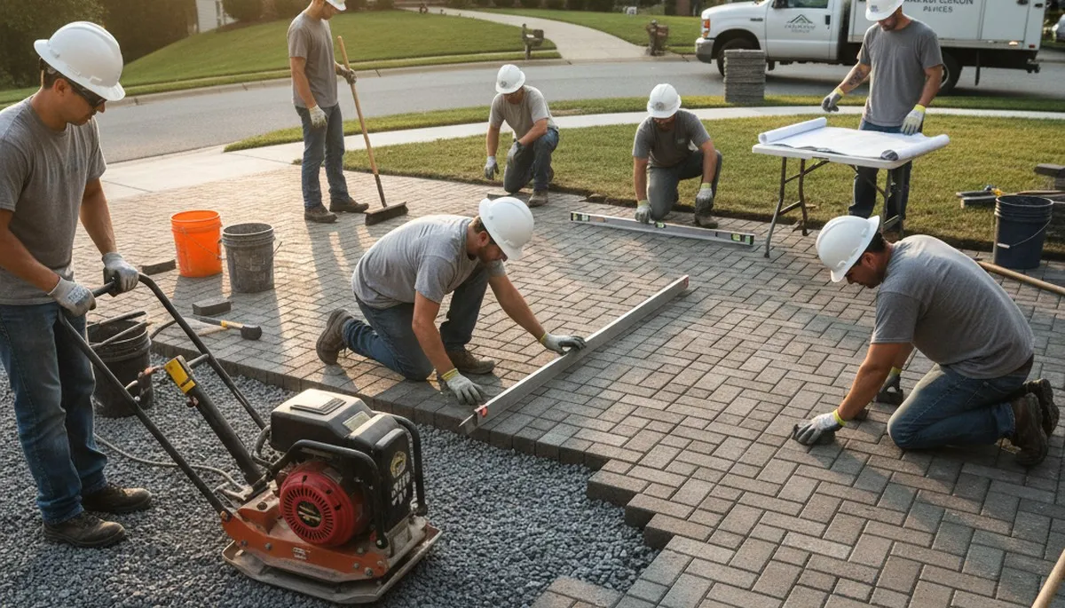 Crew installing driveway pavers in Arlington TX with precise leveling and base prep by Chop Chop Landscaping
