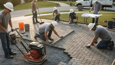 Crew installing driveway pavers in Arlington TX with precise leveling and base prep by Chop Chop Landscaping