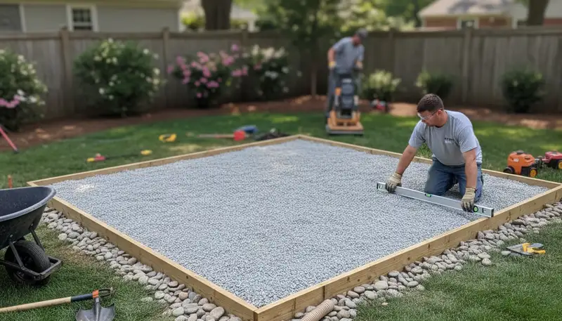 Professional shed foundation base preparation by landscaping experts in Arlington, TX