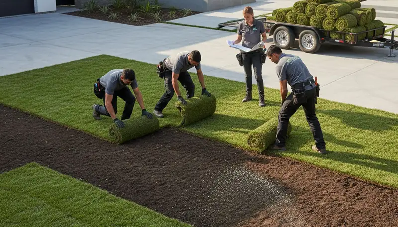 Fresh sod installation in Arlington TX by Chop Chop Landscaping creating lush green residential lawns