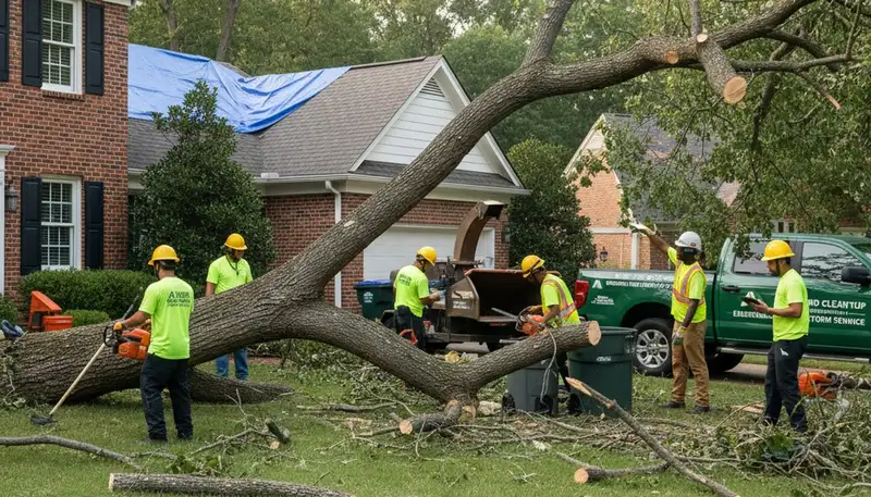 Technicians performing storm debris cleanup and yard restoration after severe weather in Arlington, TX