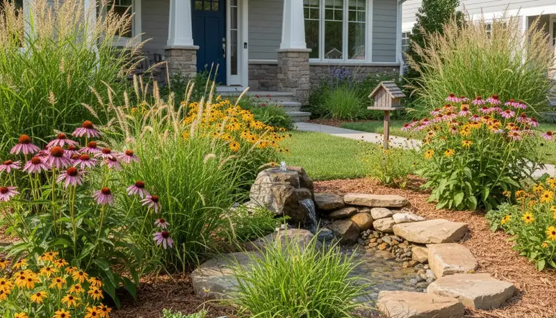 Sustainable native plant garden landscaping in Arlington, TX with drought-tolerant, wildlife-friendly design