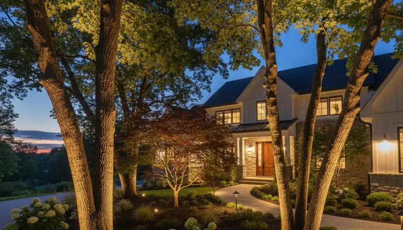 Tree uplighting highlights mature oaks with dramatic night lighting by Chop Chop Landscaping in Arlington, TX